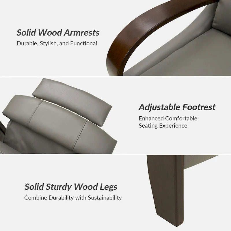 Set of 2 Alex Mid-Century Modern Genuine Leather Manual Recliners with Curved Wooden Arms 31