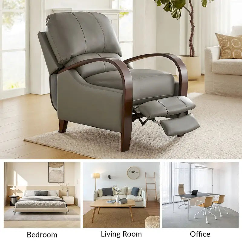 Set of 2 Alex Mid-Century Modern Genuine Leather Manual Recliners with Curved Wooden Arms 32