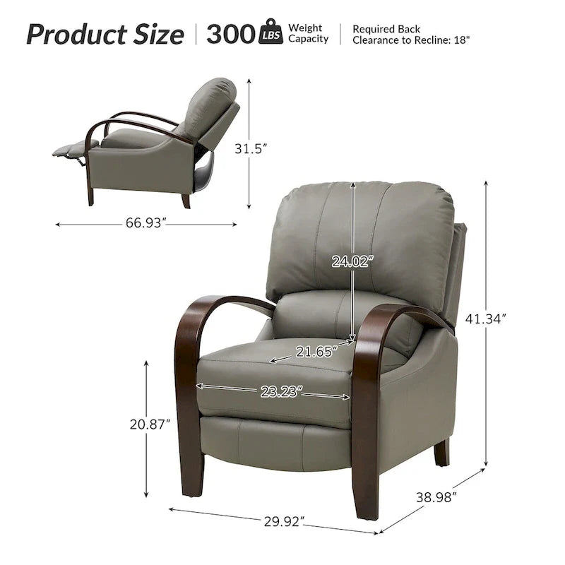 Set of 2 Alex Mid-Century Modern Genuine Leather Manual Recliners with Curved Wooden Arms 33