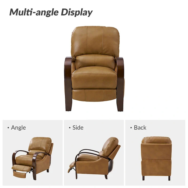 Set of 2 Alex Mid-Century Modern Genuine Leather Manual Recliners with Curved Wooden Arms 35