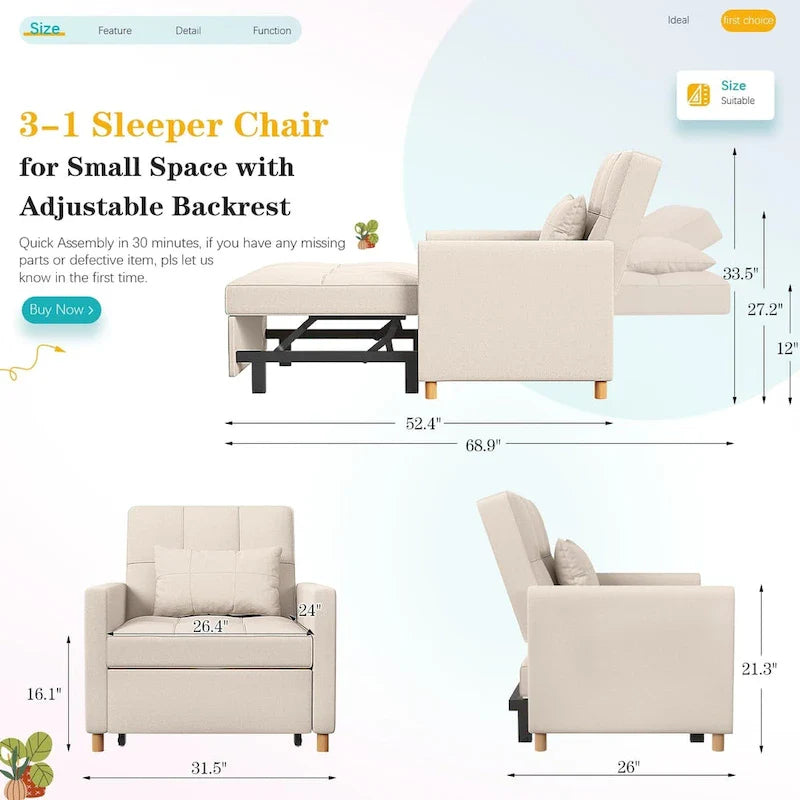 AECOJOY 3-in-1 Convertible Sleeper Sofa Chair with Pillow and Adjustable Backrest 2