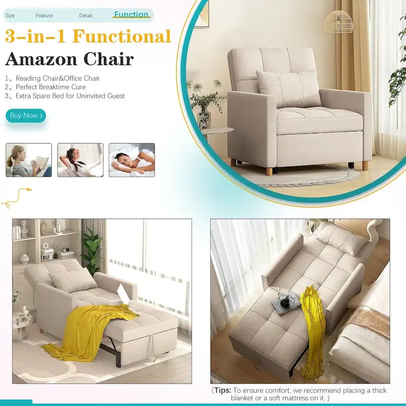 AECOJOY 3-in-1 Convertible Sleeper Sofa Chair with Pillow and Adjustable Backrest 4