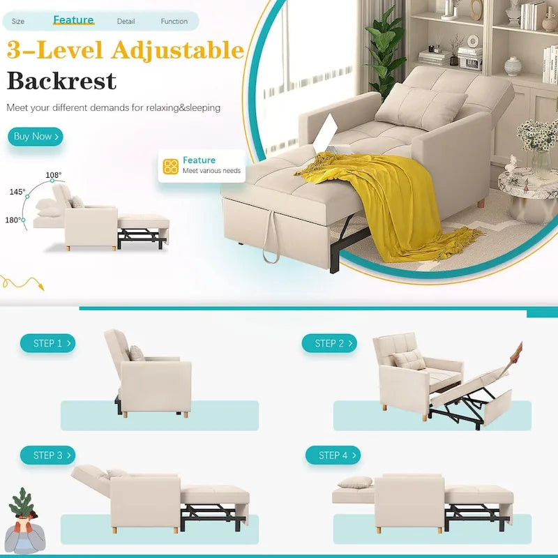 AECOJOY 3-in-1 Convertible Sleeper Sofa Chair with Pillow and Adjustable Backrest 6
