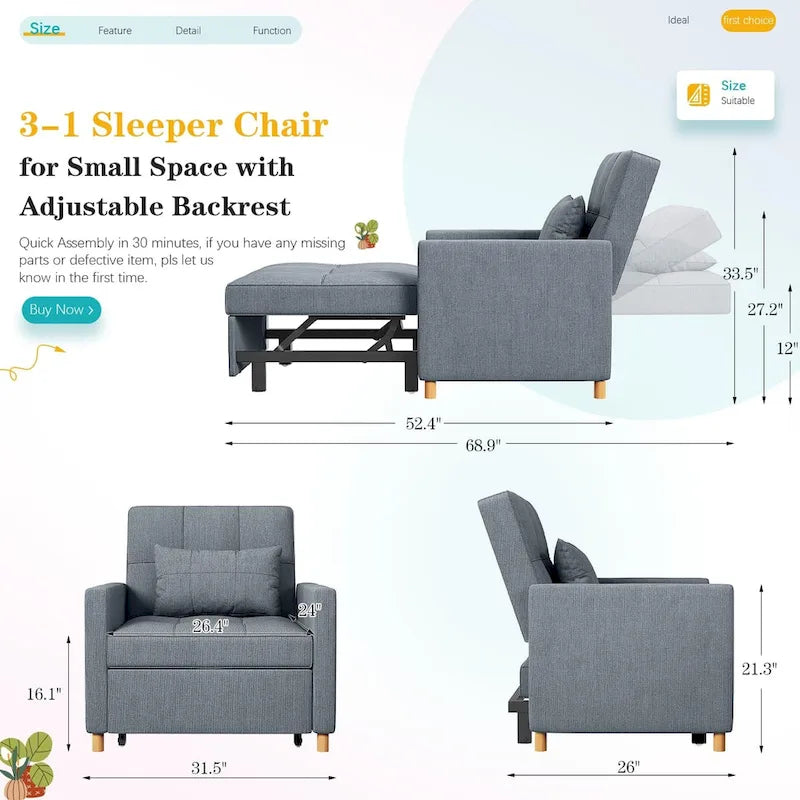 AECOJOY 3-in-1 Convertible Sleeper Sofa Chair with Pillow and Adjustable Backrest 15