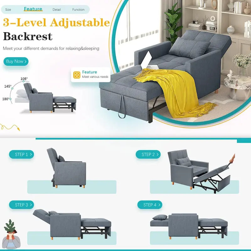 AECOJOY 3-in-1 Convertible Sleeper Sofa Chair with Pillow and Adjustable Backrest 18