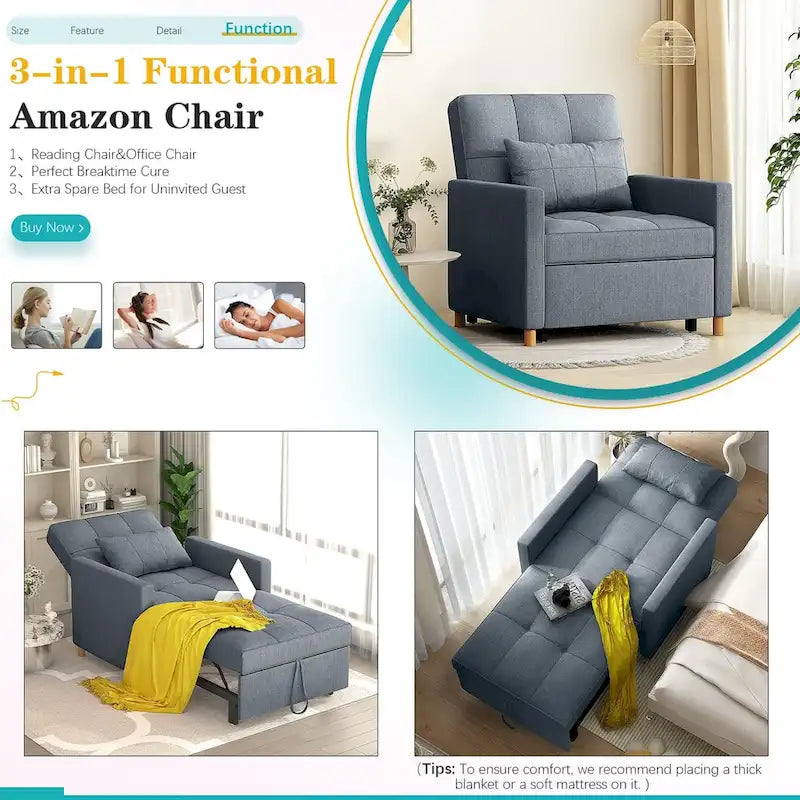 AECOJOY 3-in-1 Convertible Sleeper Sofa Chair with Pillow and Adjustable Backrest 19