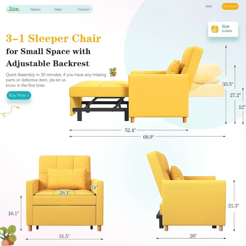 AECOJOY 3-in-1 Convertible Sleeper Sofa Chair with Pillow and Adjustable Backrest 21