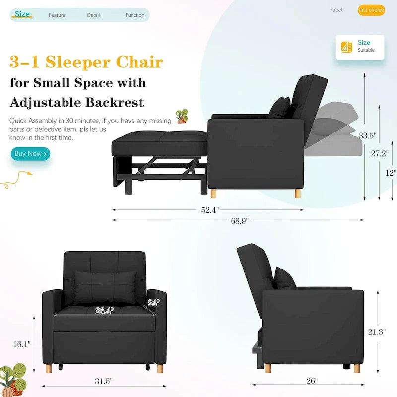 AECOJOY 3-in-1 Convertible Sleeper Sofa Chair with Pillow and Adjustable Backrest 27