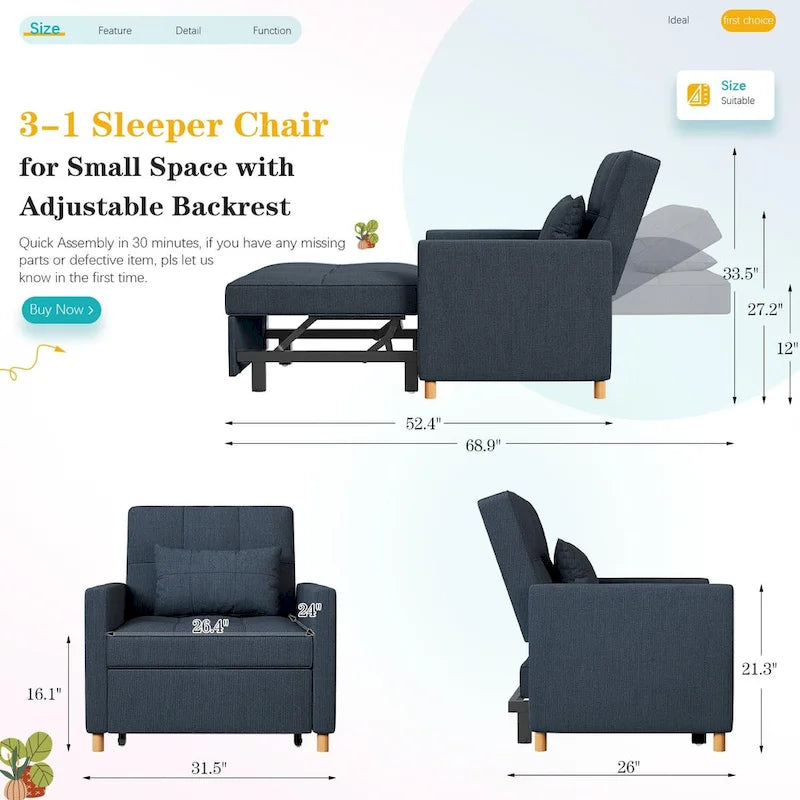 AECOJOY 3-in-1 Convertible Sleeper Sofa Chair with Pillow and Adjustable Backrest 32