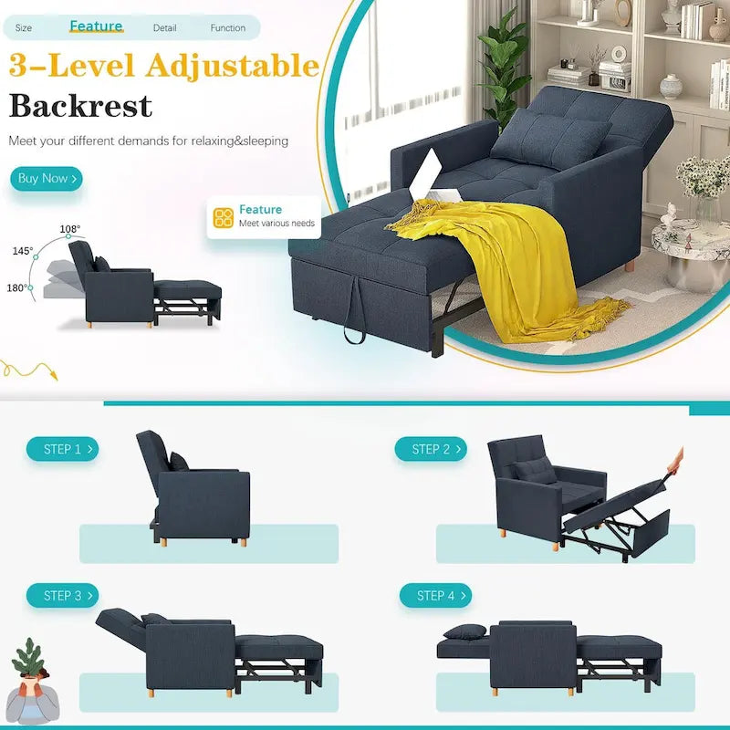 AECOJOY 3-in-1 Convertible Sleeper Sofa Chair with Pillow and Adjustable Backrest 35