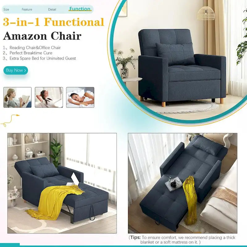 AECOJOY 3-in-1 Convertible Sleeper Sofa Chair with Pillow and Adjustable Backrest 36