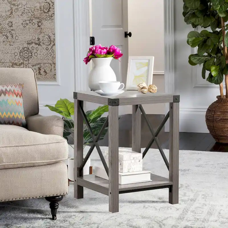 Ledel Rustic Farmhouse Accent End Table with Storage Shelf 16