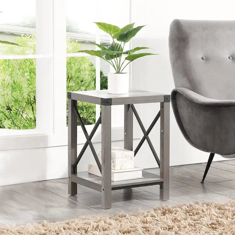 Ledel Rustic Farmhouse Accent End Table with Storage Shelf 12