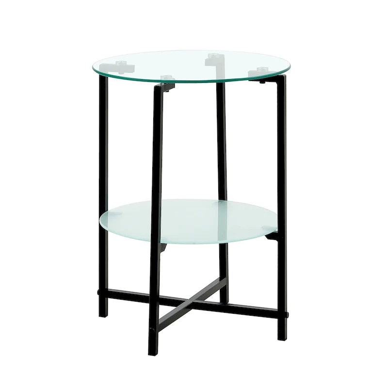 Double-Layer Round Tempered Glass End Table/Coffee Table with Sturdy Iron Frame 31