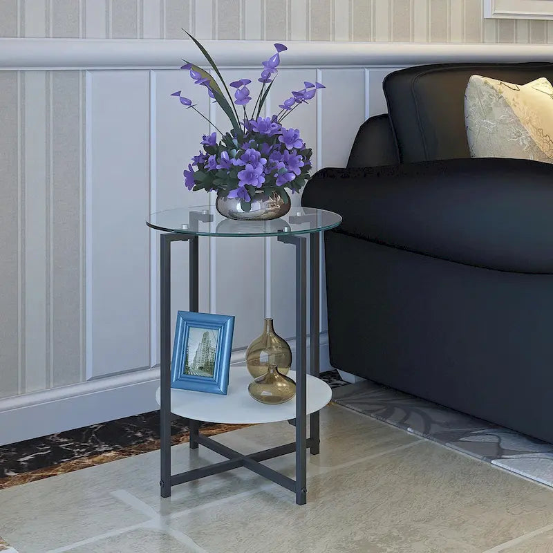 Double-Layer Round Tempered Glass End Table/Coffee Table with Sturdy Iron Frame 1
