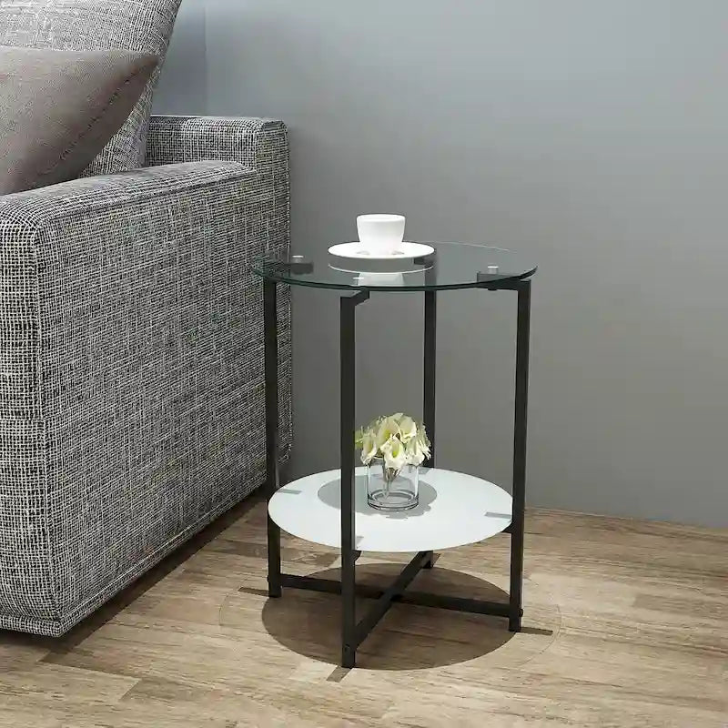 Double-Layer Round Tempered Glass End Table/Coffee Table with Sturdy Iron Frame 2