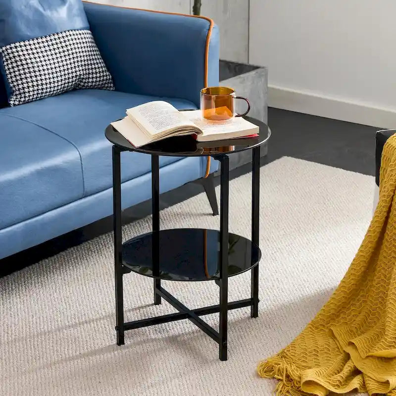 Double-Layer Round Tempered Glass End Table/Coffee Table with Sturdy Iron Frame 3