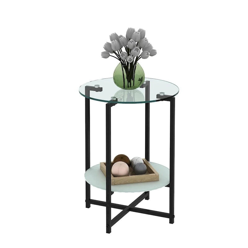 Double-Layer Round Tempered Glass End Table/Coffee Table with Sturdy Iron Frame 7
