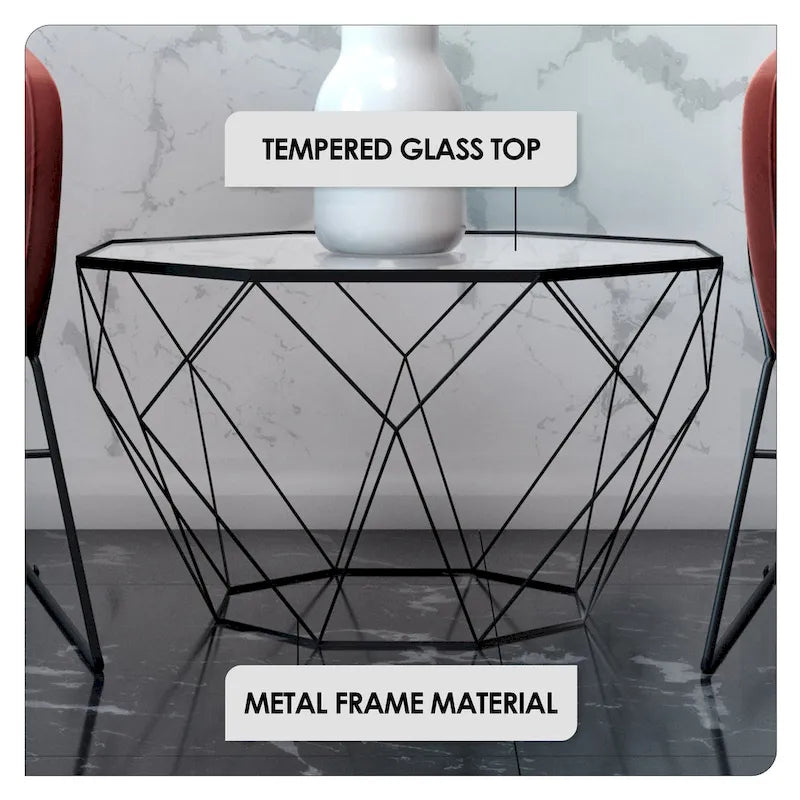 Malibu 22 Modern Octagonal Coffee Table with Tempered Glass Top and Durable Metal Geometric Base for Living Room or Office 32