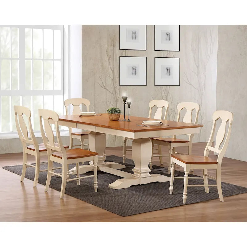 7-Piece Transitional Dining Set with Double Pedestal and Antiqued Caramel/Biscotti Napoleon Back 1
