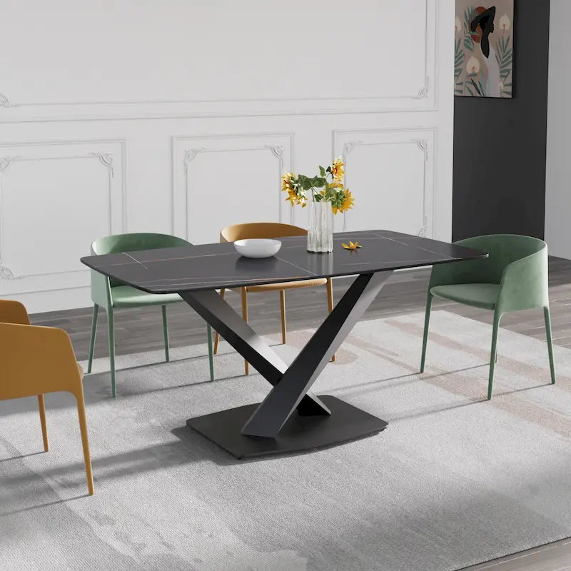 63-Inch Contemporary Dining Table with Slate Stone Surface and Metal Legs, Marble Finish 34