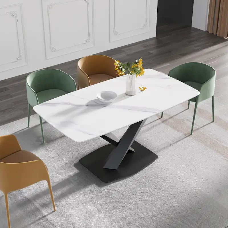 63-Inch Contemporary Dining Table with Slate Stone Surface and Metal Legs, Marble Finish 35