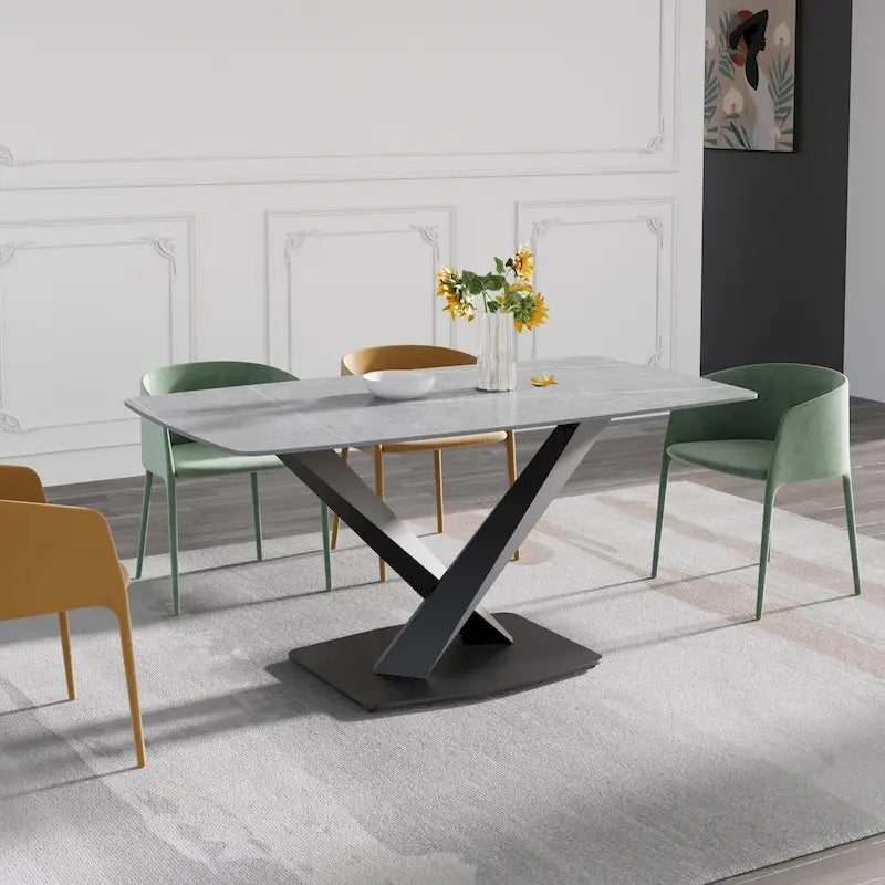 63-Inch Contemporary Dining Table with Slate Stone Surface and Metal Legs, Marble Finish 36