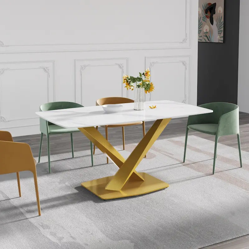 63-Inch Contemporary Dining Table with Slate Stone Surface and Metal Legs, Marble Finish 37