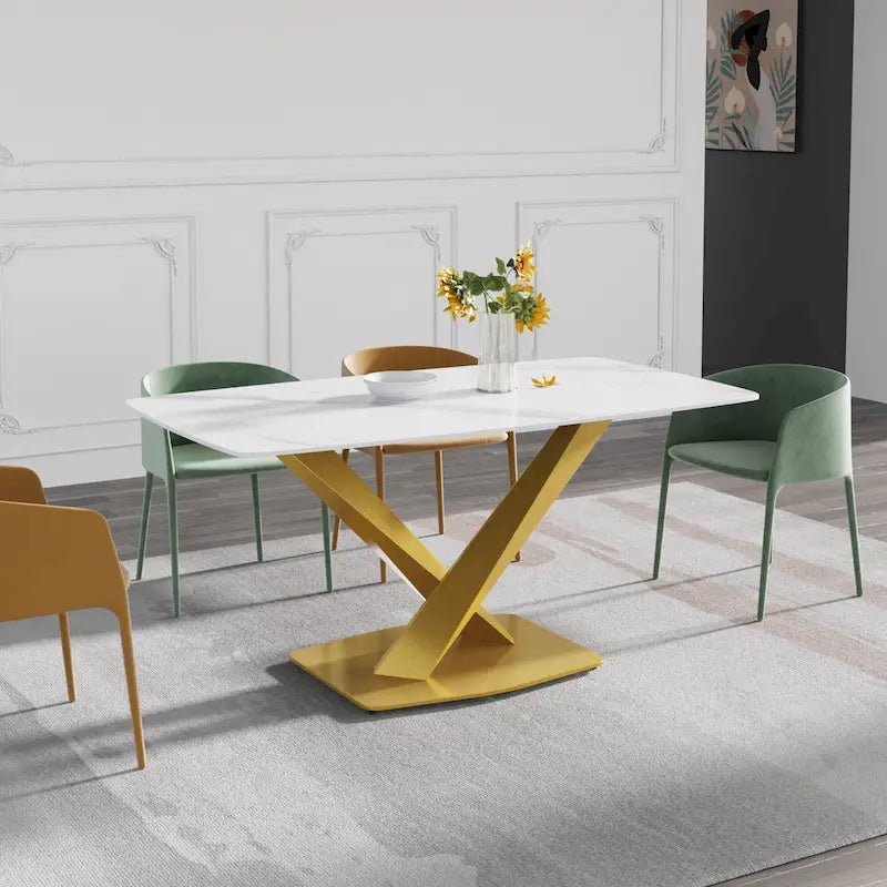 63-Inch Contemporary Dining Table with Slate Stone Surface and Metal Legs, Marble Finish 4