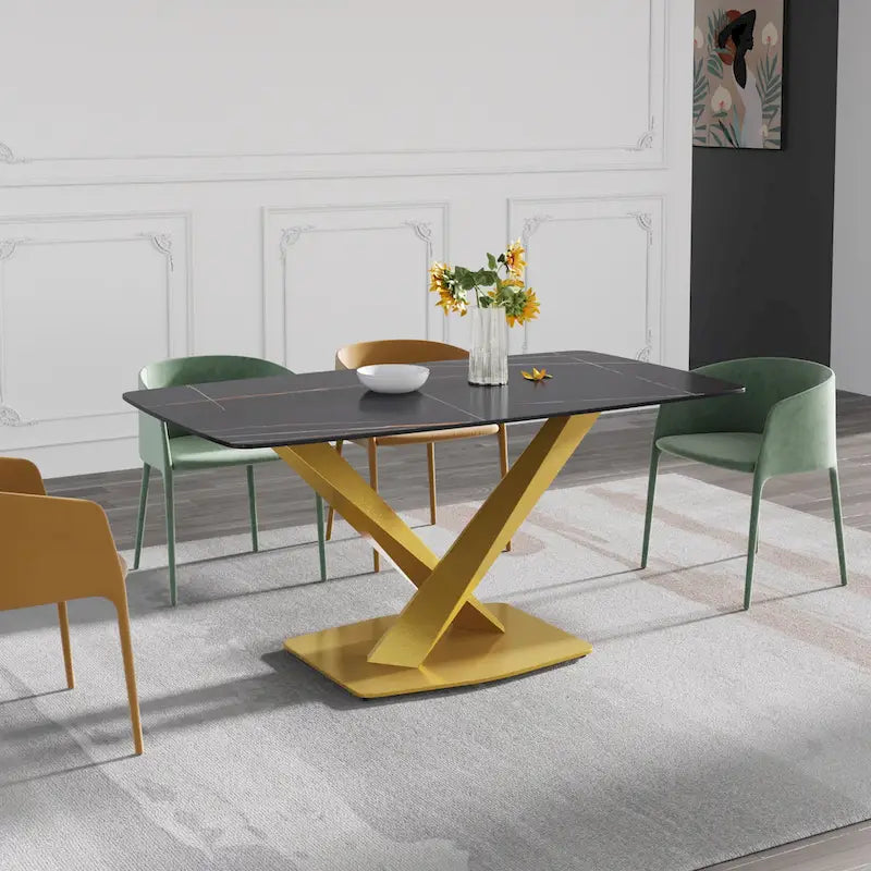 63-Inch Contemporary Dining Table with Slate Stone Surface and Metal Legs, Marble Finish 5