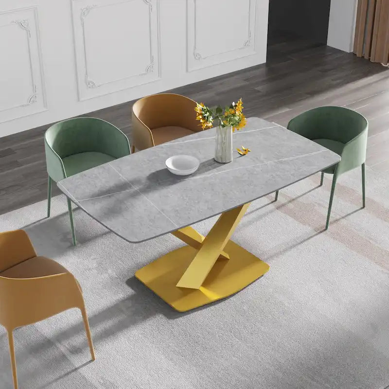 63-Inch Contemporary Dining Table with Slate Stone Surface and Metal Legs, Marble Finish 6