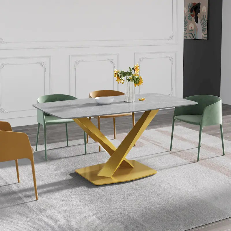 63-Inch Contemporary Dining Table with Slate Stone Surface and Metal Legs, Marble Finish 7