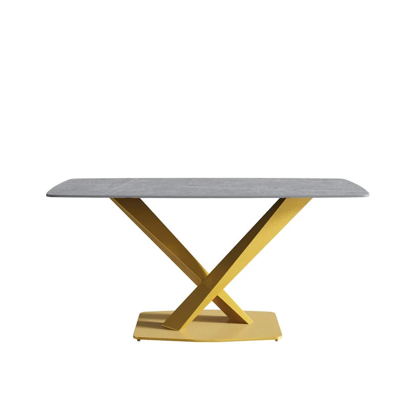 63-Inch Contemporary Dining Table with Slate Stone Surface and Metal Legs, Marble Finish 8
