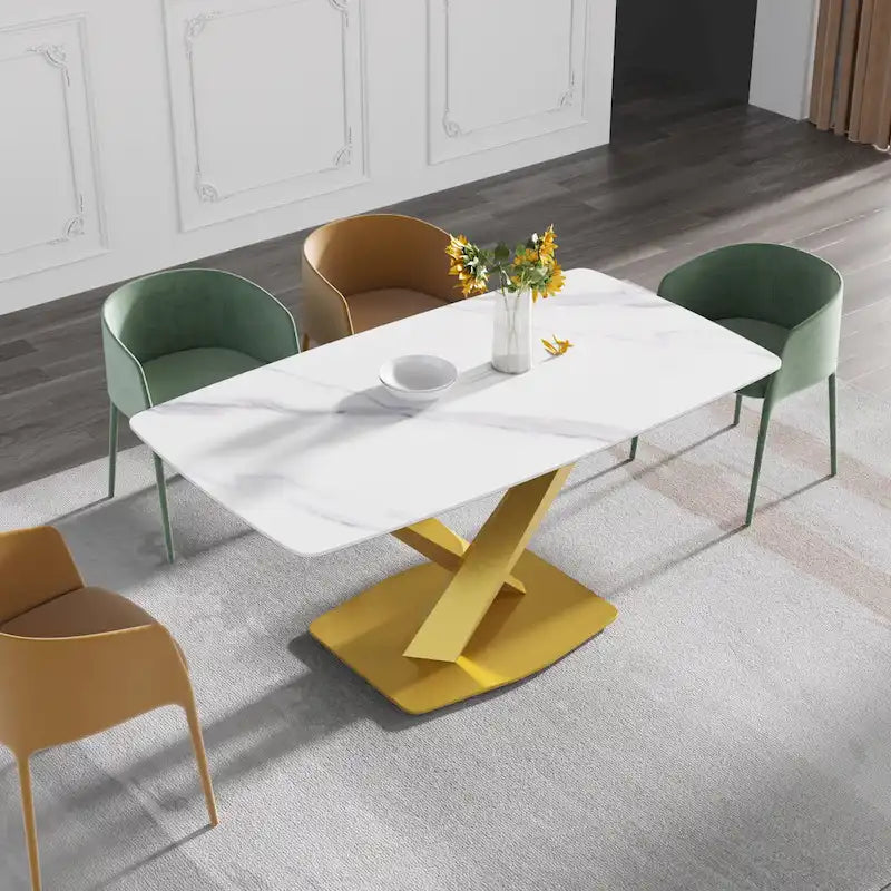 63-Inch Contemporary Dining Table with Slate Stone Surface and Metal Legs, Marble Finish 12