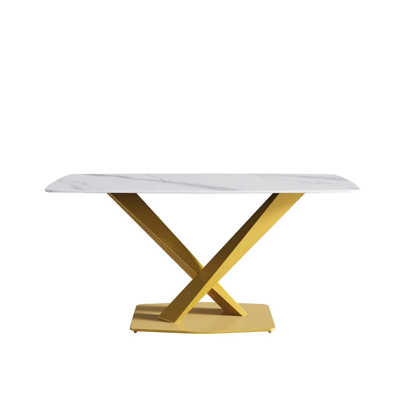 63-Inch Contemporary Dining Table with Slate Stone Surface and Metal Legs, Marble Finish 13