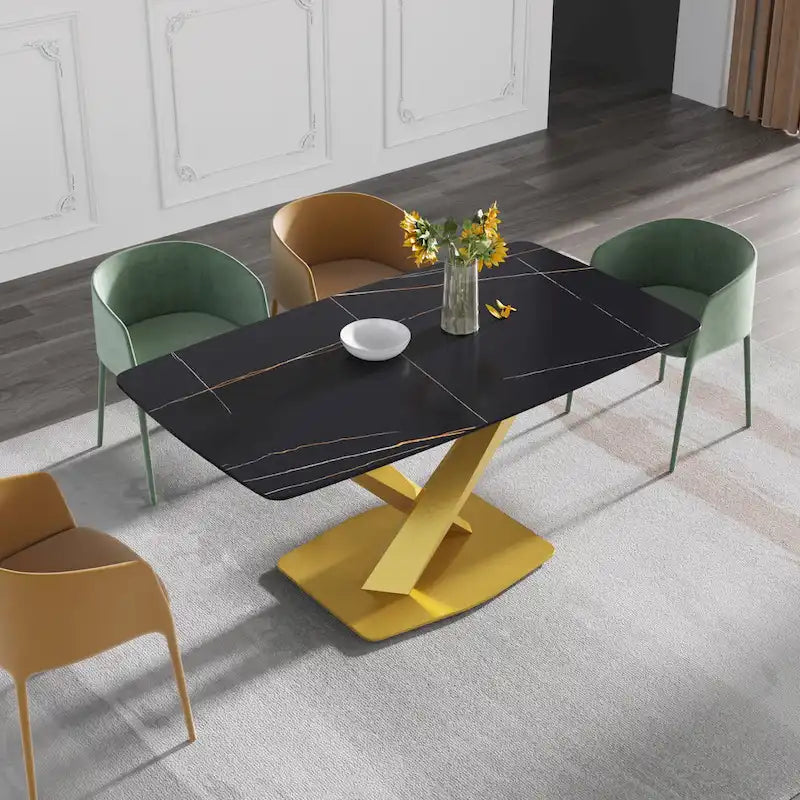 63-Inch Contemporary Dining Table with Slate Stone Surface and Metal Legs, Marble Finish 17