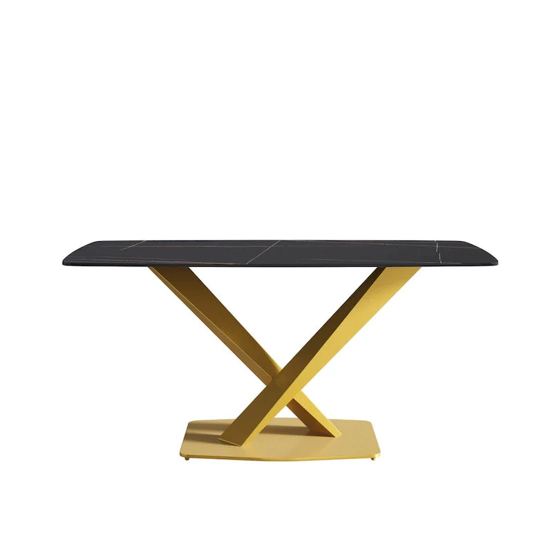 63-Inch Contemporary Dining Table with Slate Stone Surface and Metal Legs, Marble Finish 18