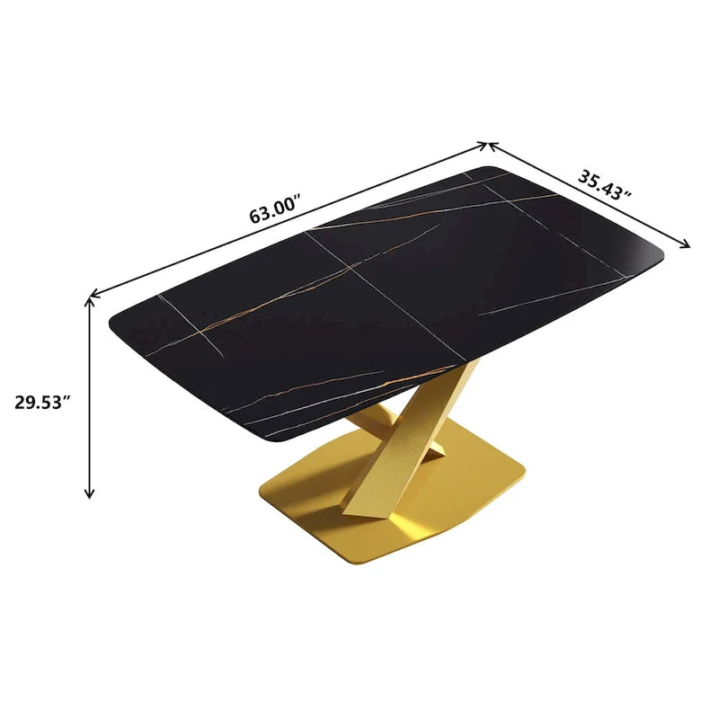 63-Inch Contemporary Dining Table with Slate Stone Surface and Metal Legs, Marble Finish 21