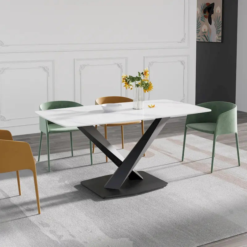 63-Inch Contemporary Dining Table with Slate Stone Surface and Metal Legs, Marble Finish 22
