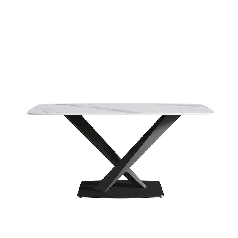 63-Inch Contemporary Dining Table with Slate Stone Surface and Metal Legs, Marble Finish 23