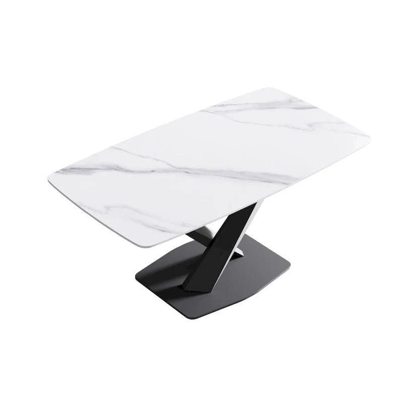 63-Inch Contemporary Dining Table with Slate Stone Surface and Metal Legs, Marble Finish 25