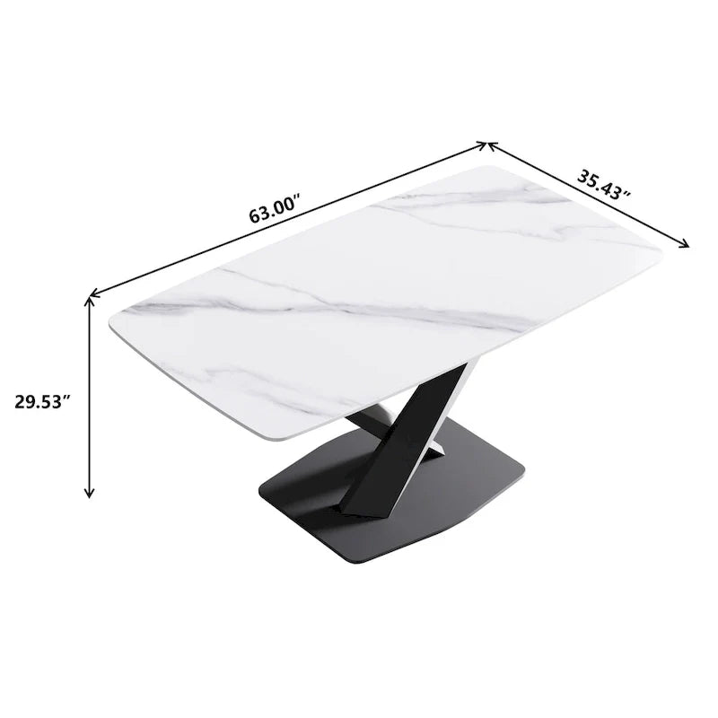 63-Inch Contemporary Dining Table with Slate Stone Surface and Metal Legs, Marble Finish 26