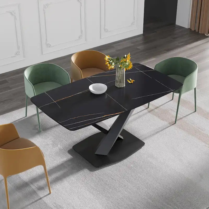 63-Inch Contemporary Dining Table with Slate Stone Surface and Metal Legs, Marble Finish 27