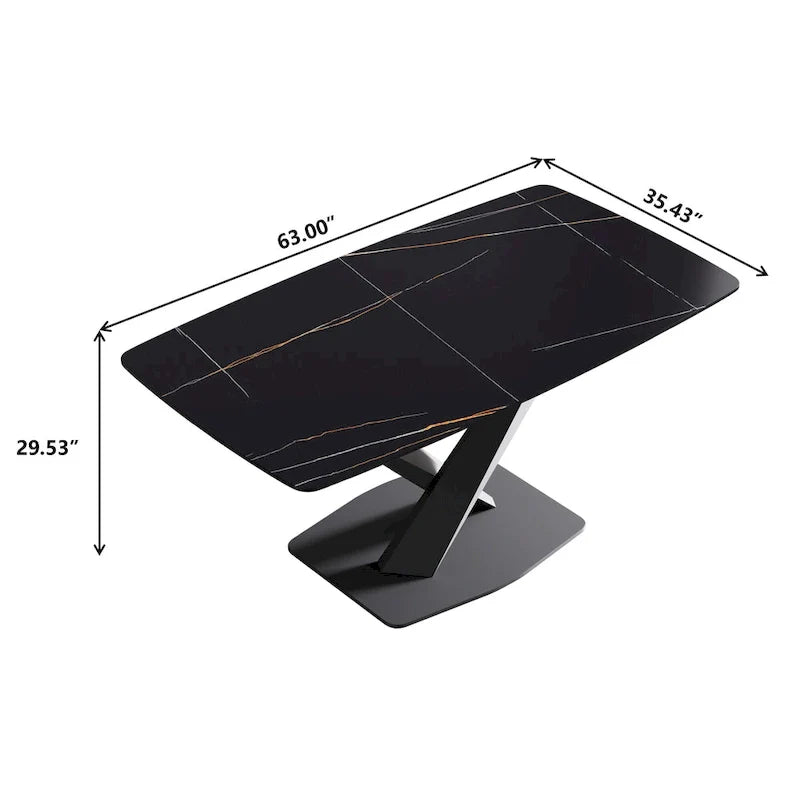 63-Inch Contemporary Dining Table with Slate Stone Surface and Metal Legs, Marble Finish 30