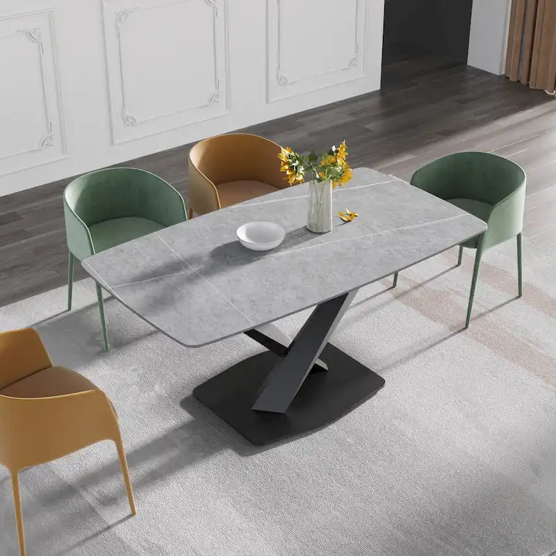 63-Inch Contemporary Dining Table with Slate Stone Surface and Metal Legs, Marble Finish 31