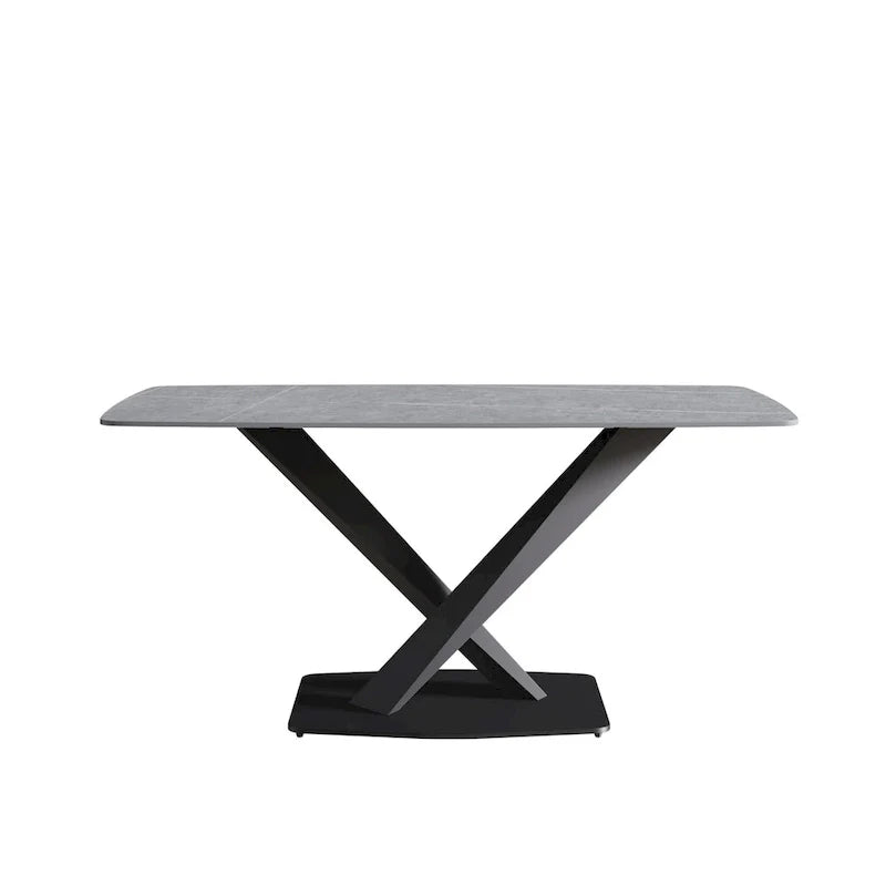 63-Inch Contemporary Dining Table with Slate Stone Surface and Metal Legs, Marble Finish 32