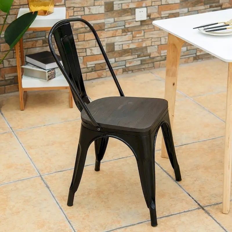 Set of 4 Stackable Bistro Cafe Dining Chairs with Metal Frame and Wooden Seat - Details Inside 1
