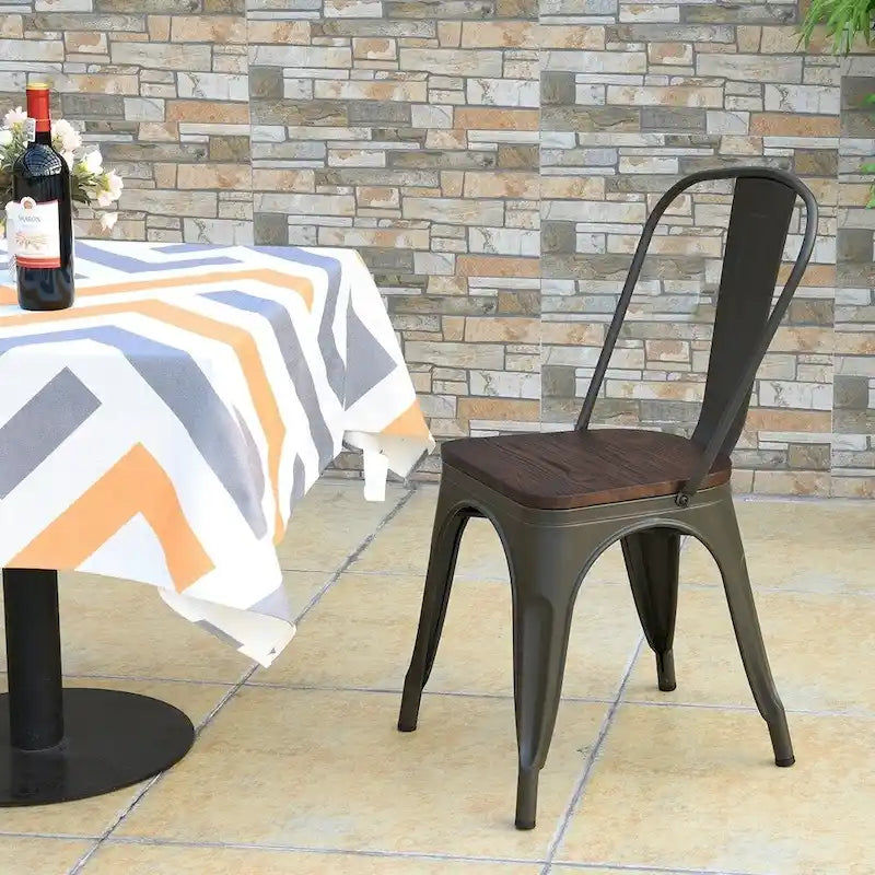 Set of 4 Stackable Bistro Cafe Dining Chairs with Metal Frame and Wooden Seat - Details Inside 2