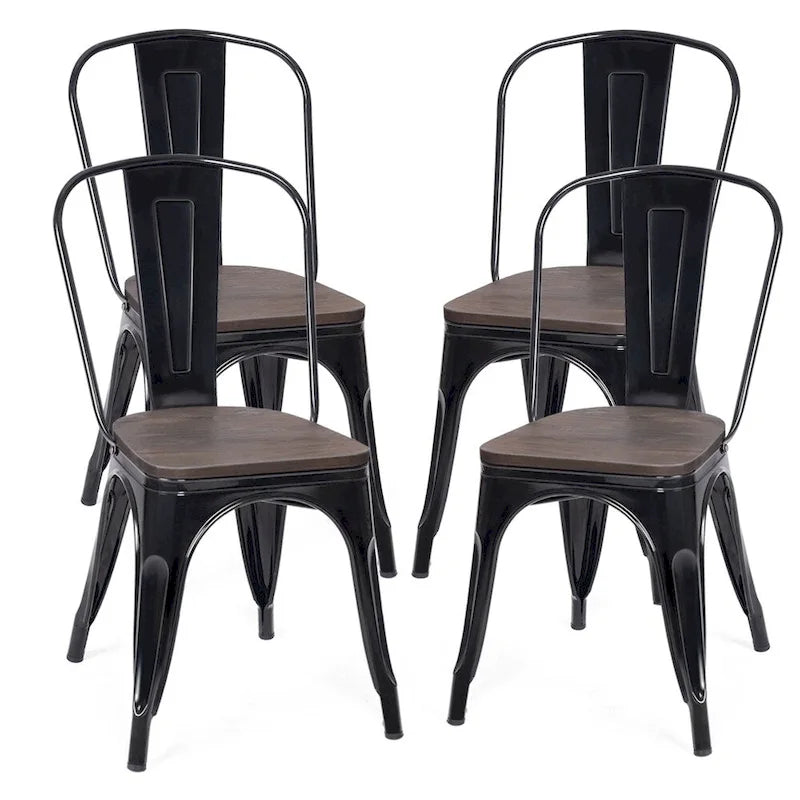 Set of 4 Stackable Bistro Cafe Dining Chairs with Metal Frame and Wooden Seat - Details Inside 3