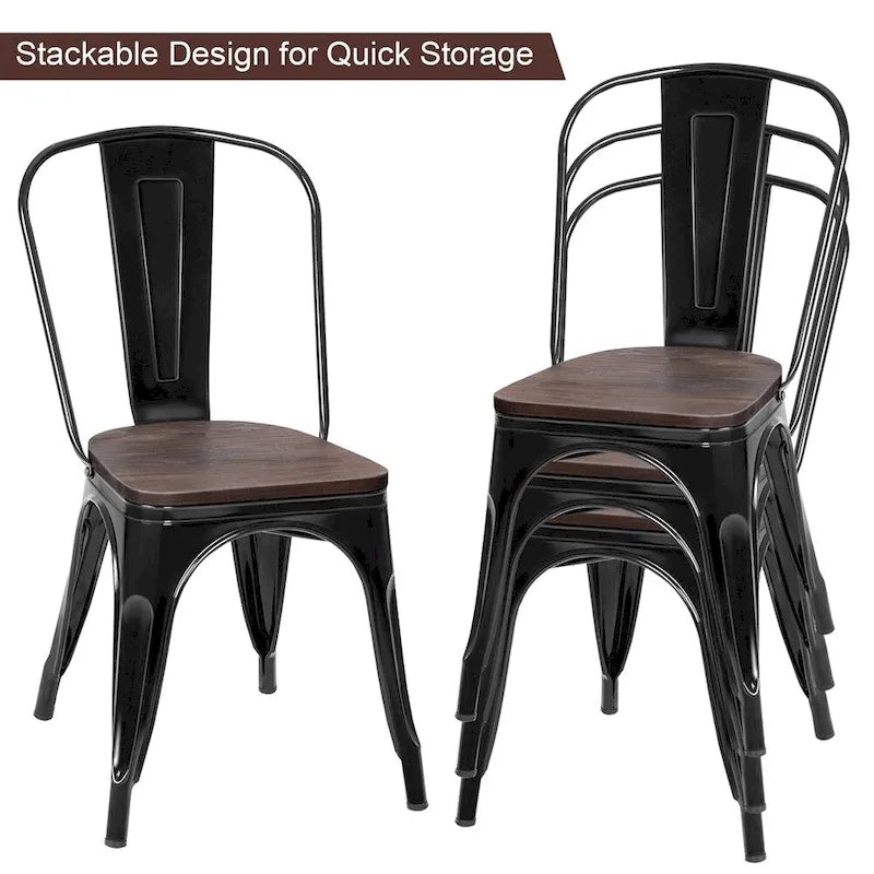 Set of 4 Stackable Bistro Cafe Dining Chairs with Metal Frame and Wooden Seat - Details Inside 4